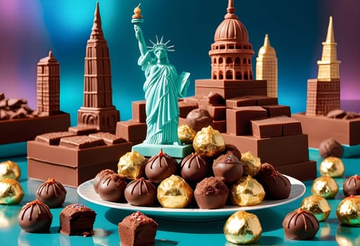AI generated of chocolate truffles with statue of liberty and city skyline