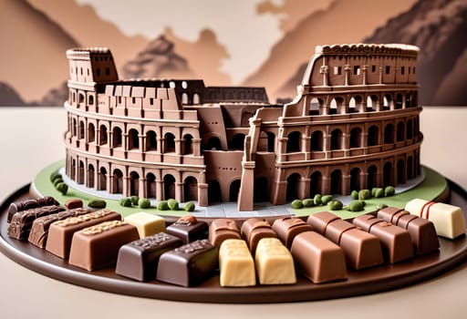 AI generated of a chocolate cake shaped like the colosseum
