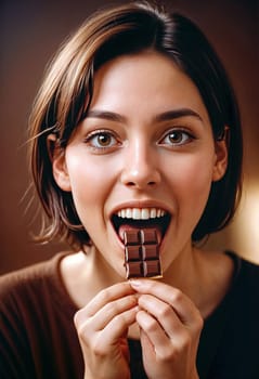 AI generated of a woman is holding a chocolate bar in her mouth