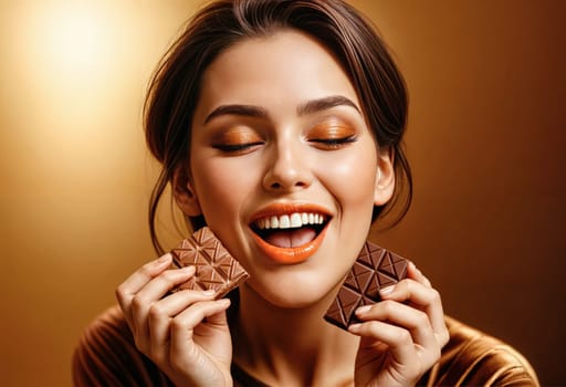 AI generated of a woman is holding two pieces of chocolate