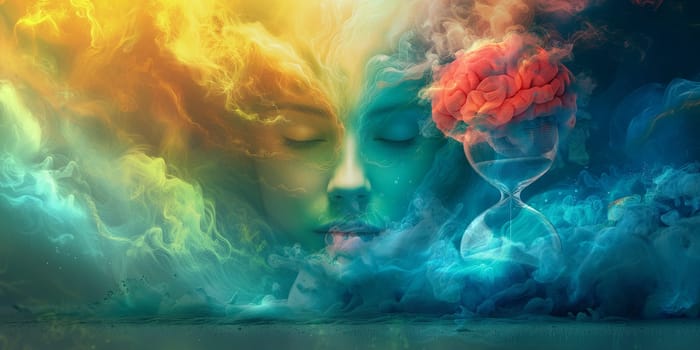Spiritual woman, rainbow color cloud, hourglass, life time and eternity, intersection of astral body energy field, supernatural frequency senses, consciousness healing