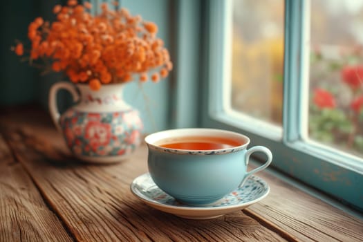 Glass of tea next to a window, hot drink with herbs, in autumn, anti inflammatory natural medicine, detox