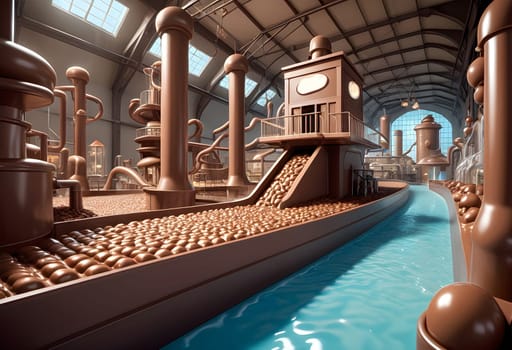 AI generated of a chocolate factory with a river and a big ship model made from chocolate