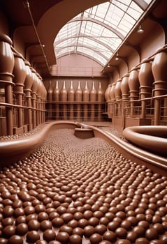 AI generated of a large chocolate factory made from chocolate with lots of chocolate balls