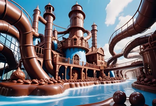 AI generated of a water slide with a castle made from chocolate in the middle