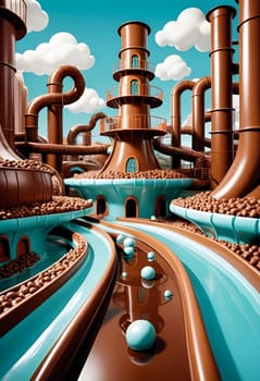 AI generated of a 3d illustration of a chocolate factory made from chocolate with chocolate balls on it