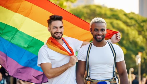 2 men marching in a pride parade