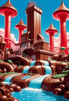 AI generated of a chocolate factory with red mushrooms and waterfalls