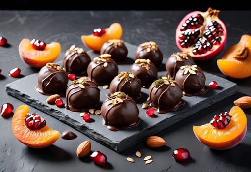 AI generated of chocolate truffles with pomegranate and almonds on a black slate