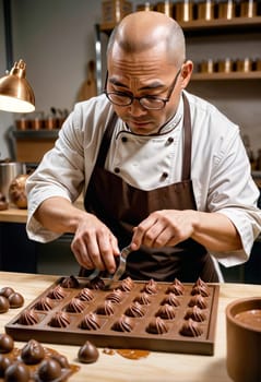 AI generated of a man in glasses with brown apron and chef uniform is making chocolate