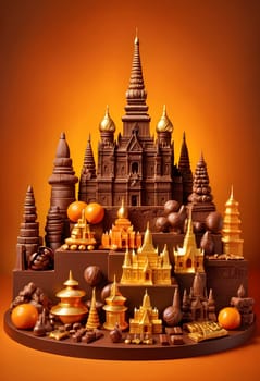 AI generated of a picture of a castle made of chocolate on orange background
