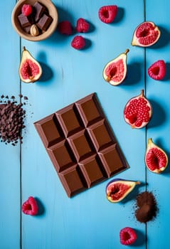 AI generated of chocolate bar, figs and other fruit on blue table