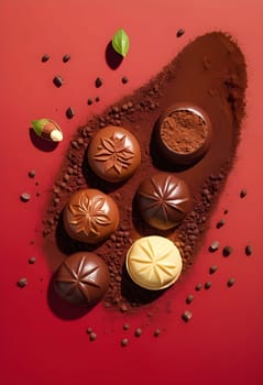 AI generated of chocolate covered almonds and nuts on a red background