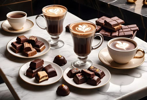 AI generated of a marble table with several plates of chocolates and cups of coffee