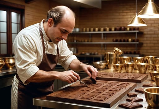 AI generated of a man in an apron is cutting chocolate on a board