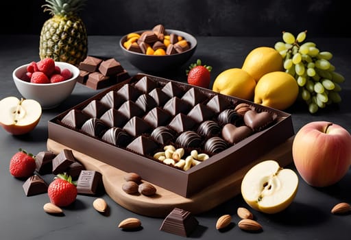 AI generated of chocolate and fruit assortment on a black table