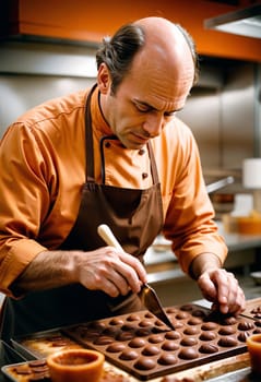 AI generated of a man in an orange shirt and brown apron is cutting and making chocolate
