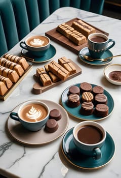 AI generated of a marble table topped with coffee cups and desserts