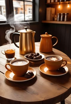AI generated of a wooden table with cups of coffee, chocolates, and a coffeepot on it