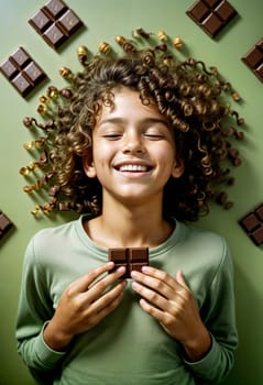 AI generated of a young girl with curly hair is smiling while holding a piece of chocolate