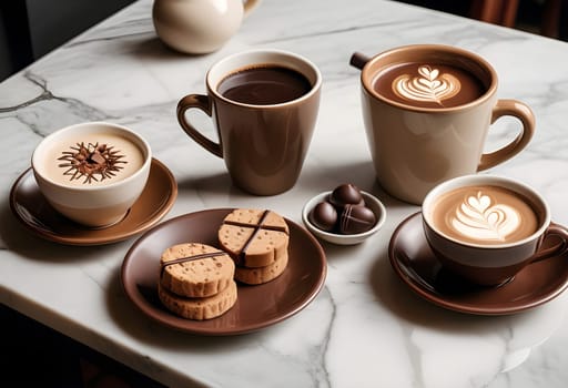AI generated of a marble table with coffee cups and cups of chocolate and chocolates