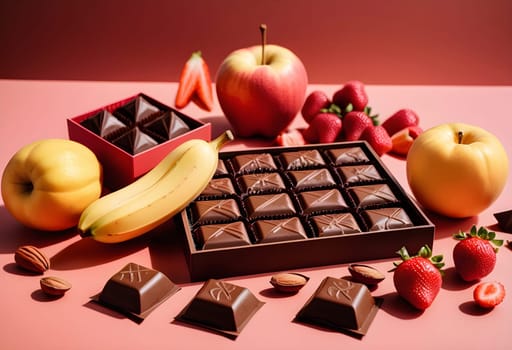 AI generated of chocolate, strawberries, banana, and apples on a pink surface