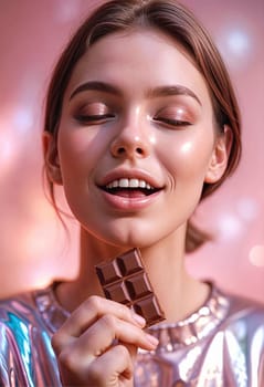 AI generated of a woman is holding a chocolate bar in her hand