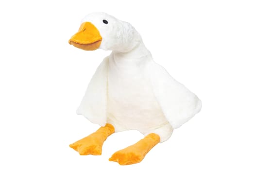 Childrens toy stuffed animals. Soft white plush toy duck for kids isolated on a white background. Duck teddy toy. White duck for playing.