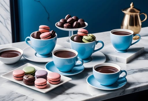 AI generated of a marble table with blue cups of coffee, chocolate and plates with macarons