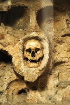 One of the remaining skulls in the Skull Tower, a stone structure in which hundreds of human skulls were embedded by the soldiers of the Ottoman Empire, Nis, Serbia 2022