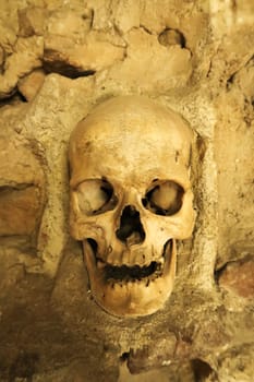 A remaining skulls in the Skull Tower, a stone structure in which hundreds of human skulls were embedded by the soldiers of the Ottoman Empire, Nis, Serbia 2022