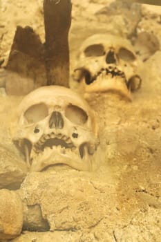 Two remaining skulls in the Skull Tower, a stone structure in which hundreds of human skulls were embedded by the soldiers of the Ottoman Empire, Nis, Serbia 2022