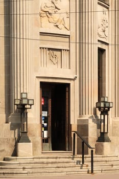 The entrance of the historic art deco building that houses the post, postal office in Nis, Serbia 2022