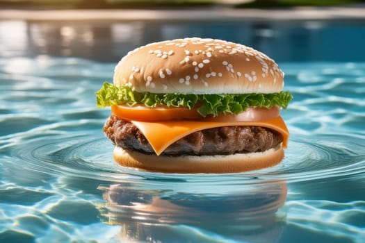 A beef patty burger floats on the surface of the pool or sea water. Catering concept in resort restaurants.