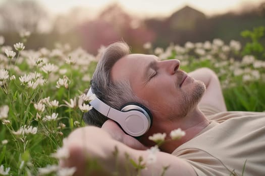 Mature gray-haired man serenely resting lying on the lawn among daisies and listening to music in headphones.