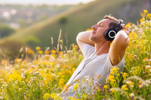 Middle-aged man enjoying music in headphones among hills in wildflower meadow with his hands behind his head and closing his eyes