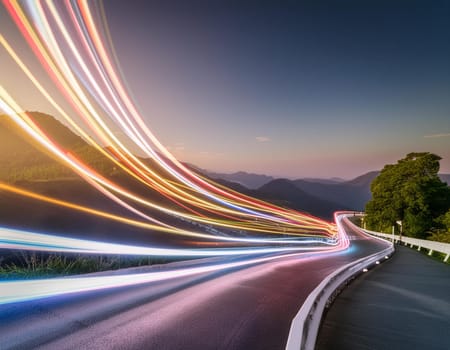 3D Render, Colorful Speed neon light trail on dark background, abstract motion curve light