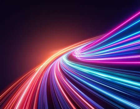 3D Render, Colorful Speed neon light trail on dark background, abstract motion curve light