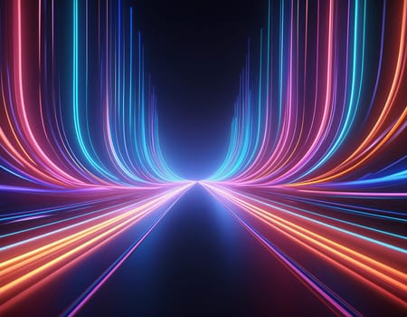 3D Render, Colorful Speed neon light trail on dark background, abstract motion curve light