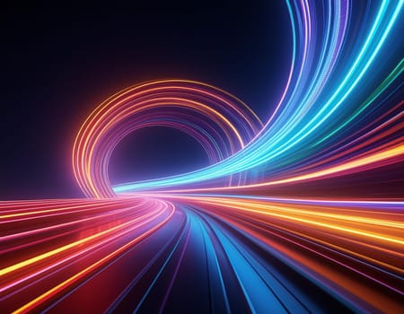 3D Render, Colorful Speed neon light trail on dark background, abstract motion curve light