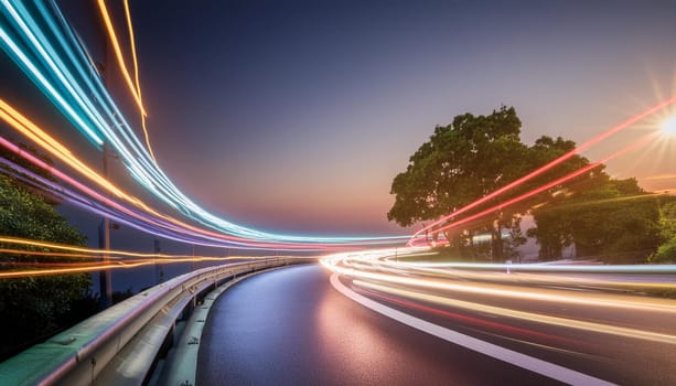3D Render, Colorful Speed neon light trail on dark background, abstract motion curve light