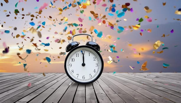 3D render, Minimal Alarm clock with colorful floating confetti isolated on transparent background
