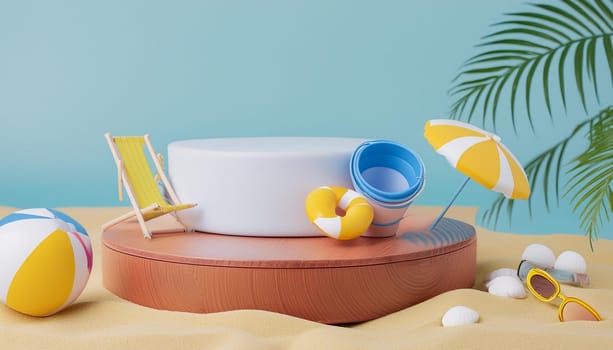 3D render, minimal Summer background with empty podium or pedestal platform for showing product