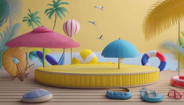 3D render, minimal Summer background with empty podium or pedestal platform for showing product