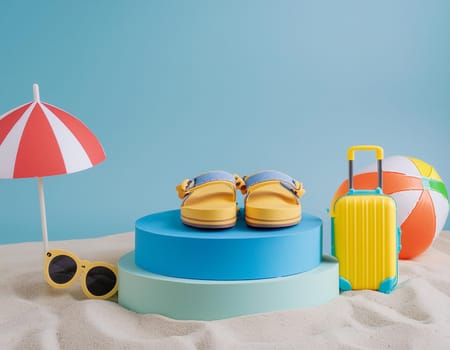 3D render, minimal Summer background with empty podium or pedestal platform for showing product