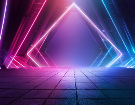 3d technology abstract neon light background, empty space scene, spotlight, dark night
