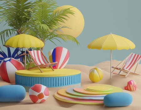 3D render, minimal Summer background with empty podium or pedestal platform for showing product