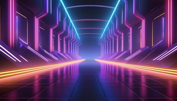3d technology abstract neon light background, empty space scene, spotlight, dark night