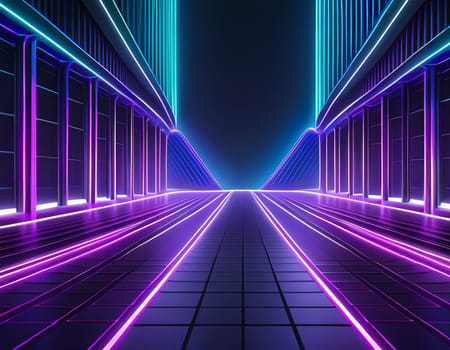 3d technology abstract neon light background, empty space scene, spotlight, dark night