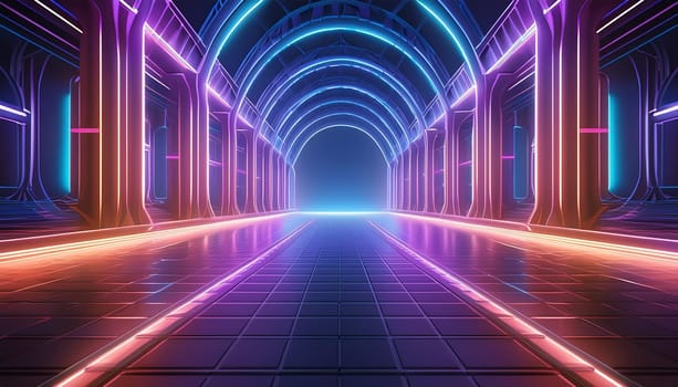 3d technology abstract neon light background, empty space scene, spotlight, dark night
